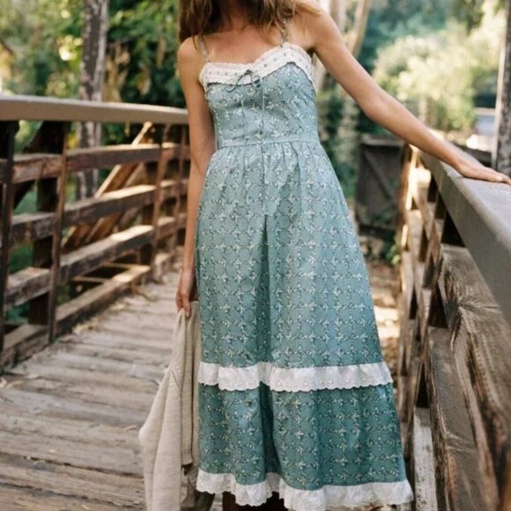 Christy Dawn Dusty Sage Green Lace-Trim Maxi Dress